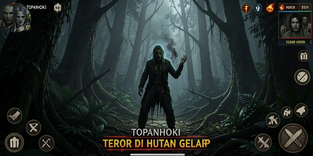 Antarmuka menegangkan dengan suasana hutan yang kelam dalam TOPANHOKI.