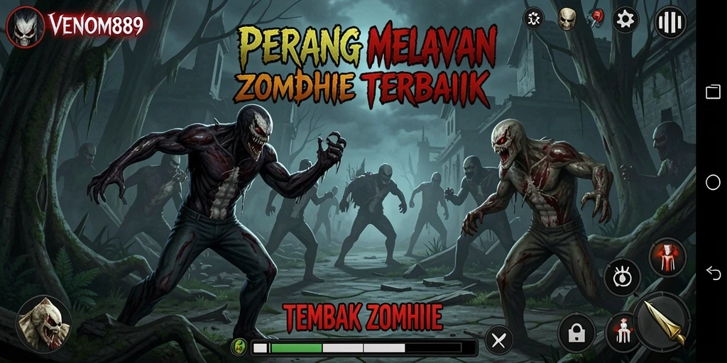 Tampilan antarmuka permainan Tembak Zombie yang mendebarkan.